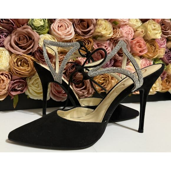 Jessica Simpson Wesira Black Heels With Rhinestones And Ankle Wrap Size 6.5M - Picture 1 of 7